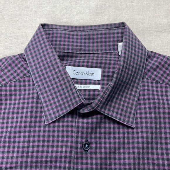 Calvin Klein Shirt Mens Size 16.5 34/35 Purple Gingham Slim Stretch Button Down - Picture 4 of 9